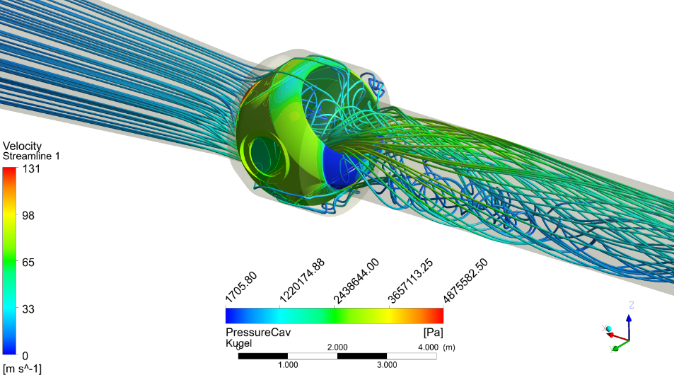 Flow visualization for an example valve position of the tandem butterfly-valves