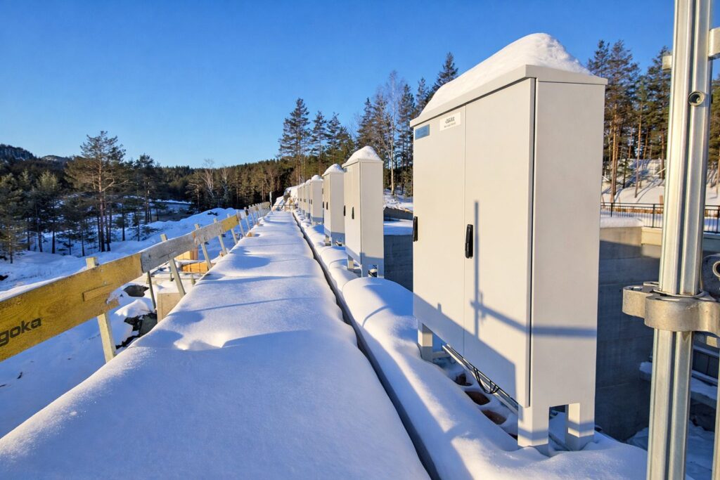 Electrical infrastructure for the control concept in Kilandsfoss: rows of control cabinets outdoors the powerhouse.