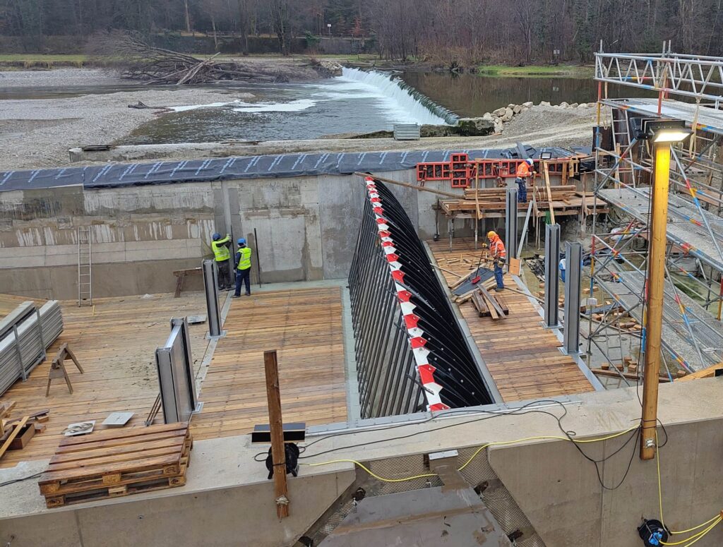 Installation work on the pneumatically operated flap gate system, supplied by British industry specialists Dyrhoff UK Ltd.