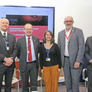 They presented the Xflex Hydro project at the UN climate conference in Madrid in December 2020: Richard Taylor (Executive Adviser, IHA), Patrick Child (Deputy Director-General, EU Commission), Sara Goulartt (EDP), Antoine Badinier (EDF) und Minoru Takada (UN DESA) (left to right). UN climate conference in Madrid in December 2020