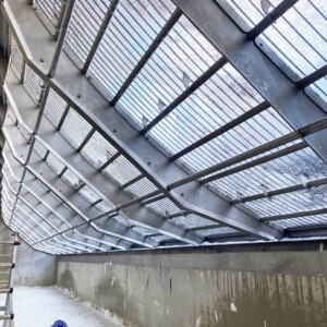 View from below of the Coanda system fine screen with 0.6mm gaps, guaranteeing the safe passage of fish into the tailwater below. WF Vallember Coanda-Rechen