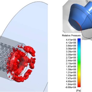 Figure 9: Cavitation zones in the pressure regulator, iso-surface pabs = 0,2 mbar (left),
wall surfaces with pabs < 0,2 mbar (right) © Jaberg